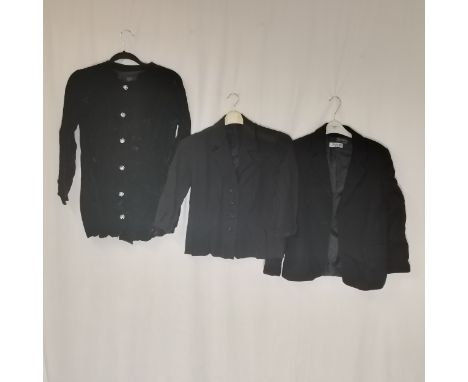 3 vintage black jackets, 1 velvet with diamante buttons bust 84cm 1 crepe 1940s jacket 98cm bust and planet wool jacket with 