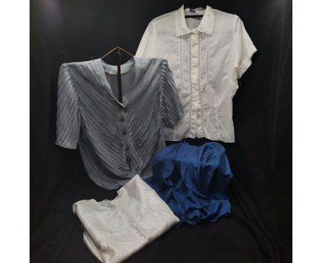 4 Vintage short sleeved blouses, 1 nylon with lace trim and diamante buttons, 1 silk with fancy buttons, 1 plain silk and oth