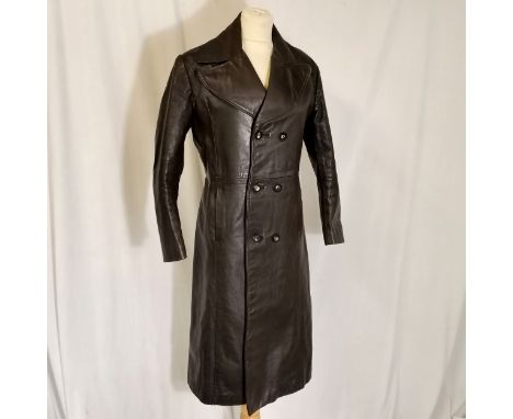 Vintage leather coat with leather strap tie back - 110cm chest - good used condition 