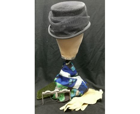 Ladies hunting hat plus velvet cleaner, diamante bag frame and a silk scarf t/w suede gloves 