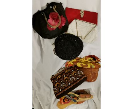 5 evening bags, 1 plastic box t/w pair of Philipino wooden sandals dated 1945 and a silk scarf 