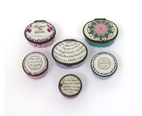 Six enamel patch boxes  late 18th/early 19th century, three round and three oval, five inscribed in black with poems and sent