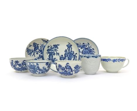 A small collection of English porcelain blue and white teawares  c.1760-80, two Worcester teabowls and a saucer printed with 