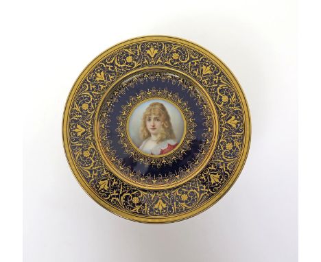 A Vienna-style plate  19th century, decorated with a portrait of a young girl wearing a lace collar and band of pearls in her