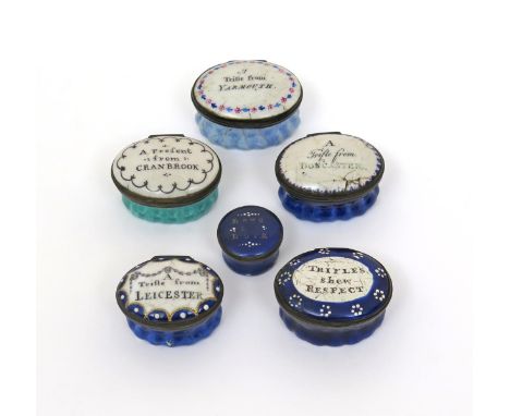 Six English enamel patch boxes  late 18th/early 19th century, four of them souvenir boxes from Doncaster, Leicester, Yarmouth