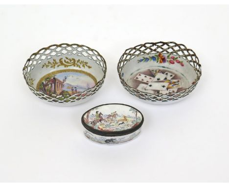 Two Staffordshire enamel counter dishes  late 18th/early 19th century, of basket form, one painted with playing cards, the ot