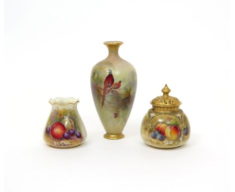 Three Royal Worcester vases  date codes for 1925 and 1928, one painted with a pair of pheasants perched in the branch of a pi