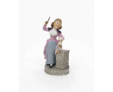 A Copenhagen figure of a girl  late 18th century, holding her doll by the skirt and beating her with a stick, raised on a cir