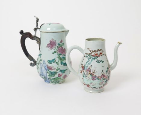 Two Chinese porcelain coffee pots  18th century, one painted with Chinese figures in a garden setting, one playing the flute 