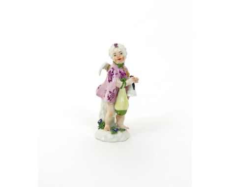 A Meissen figure of Cupid in Disguise  mid 18th century, modelled as a wig powderer, wearing a flowered purple cloak, a long 