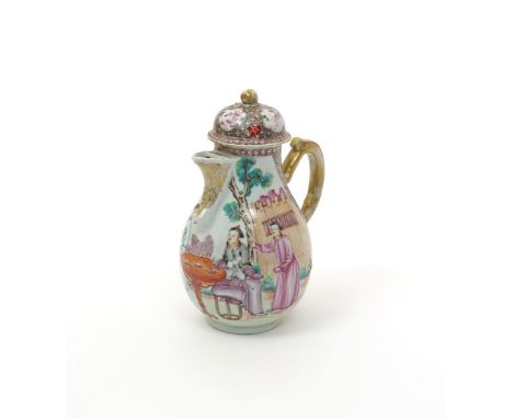 A Chinese export porcelain coffee pot and cover  Qianlong 1736-95, finely painted with four Chinese figures taking tea in a g