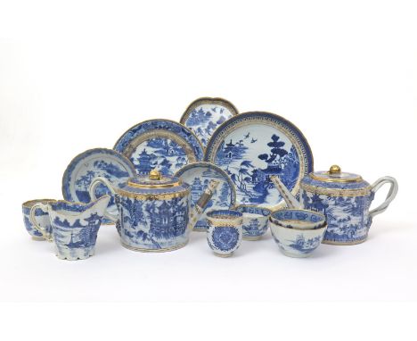 A collection of Chinese export porcelain blue and white tea wares  18th century, with later European gilding, variously decor