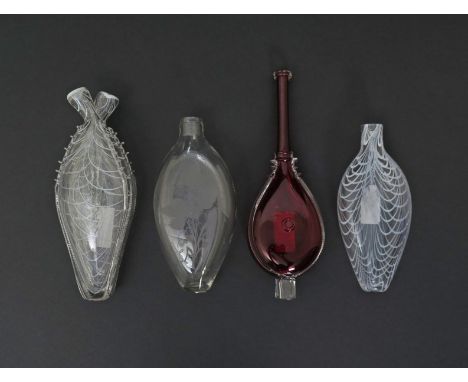 Four Nailsea glass flasks  19th century, one a double flask and trailed with white, a similarly-decorated single flask, a fla