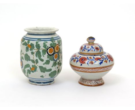 A Pesaro (Italy) maiolica albarello  late 18th century, from the workshop of Casali Callegari, the squat cylindrical form pai