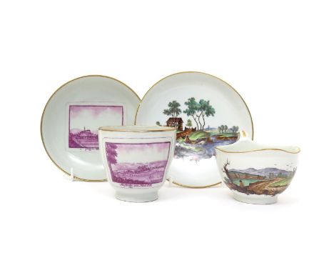 Two German porcelain cups and saucers  1st half 19th century, one Furstenberg and painted with figures in rural landscapes, t