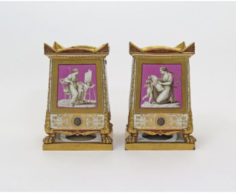 A pair of Paris porcelain jardiniθres and stands  19th century, each painted to two sides with Classical figures representing