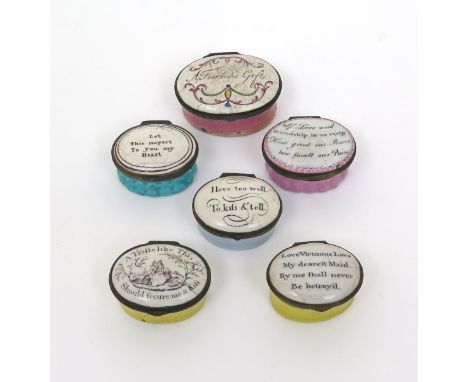 Six English enamel patch boxes  late 18th/early 19th century, of oval form, variously inscribed with mottoes of friendship an