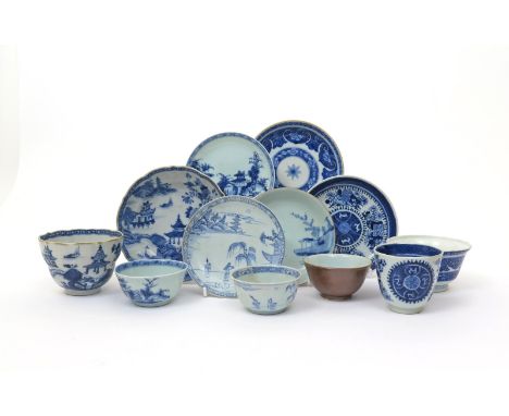 Four Chinese export porcelain blue and white teabowls and saucers  18th century, one from the Cau Mau cargo with figures in a