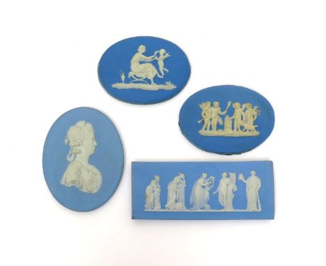 Four Wedgwood Jasperware plaques  19th century, one a portrait plaque of Lady Banks, facing to the right, one a rectangular p
