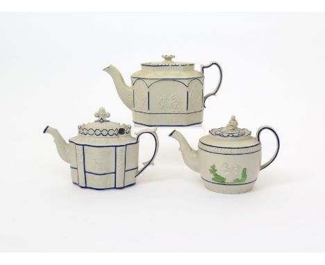 Three dry-bodied stoneware teapots and covers  19th century, of Castleford type, variously moulded with Classical figures bet