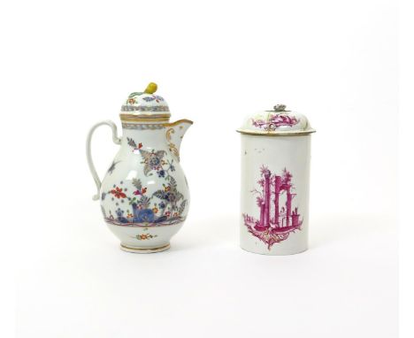 A Vienna coffee pot and cover  late 19th century, decorated in underglaze blue with the Fels und Vogel pattern, later decorat