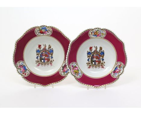 A pair of Chamberlain's armorial dishes from a dessert service  c.1820, the wells painted with the arms of the Clifford-Const