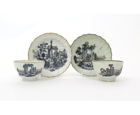 Two Worcester fluted teabowls and saucers  c.1770, one spiral-fluted with a gilt rim, the other with a black rim, both printe