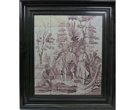 A large Dutch Delft tile panel  18th century, painted in manganese with Joseph and his brothers beneath tall trees, formed of