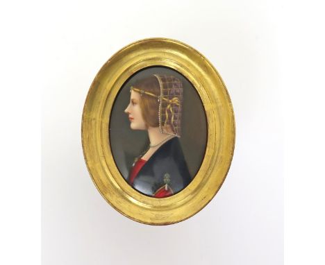 A German porcelain oval portrait plaque  19th century, finely painted with the head and shoulders portrait of Beatrice d'Este