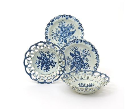 A pair of Worcester blue and white baskets and stands  c.1770-80, printed with the Pinecone pattern, the circular baskets app