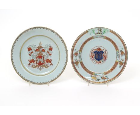 Two Chinese armorial plates, one Kangxi c.1720 and painted with the arms of Carter of St Columb in Cornwall, the cavetto with
