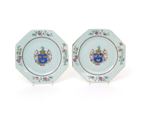 A pair of Chinese porcelain armorial octagonal plates  Qianlong c.1760, decorated in the famille rose palette with a coat of 