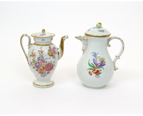 A Meissen coffee pot and cover  modern, of baluster form, painted with simple sprays of bright flowers, and a Meissen-style c