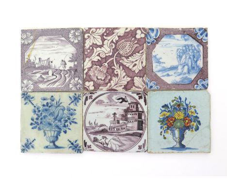 Six English delftware tiles  18th century, two painted with vases of flowers, one with a figure seated beneath a bower in blu