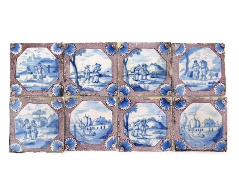 A set of eight London delftware tiles  mid 18th century, painted with scenes of peasants in landscapes and figures in boats b