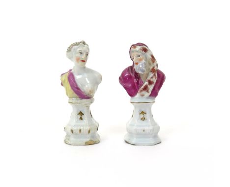 A pair of Derby busts of Classical figures  c.1765-70, from the Four Seasons, after Meissen, emblematic of Summer and Winter,