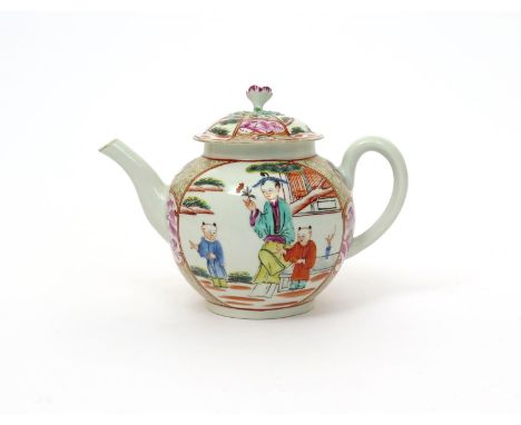 A Worcester teapot and cover  c.1770, painted to each side with a Chinese lady between two boys, within a panel reserved on a