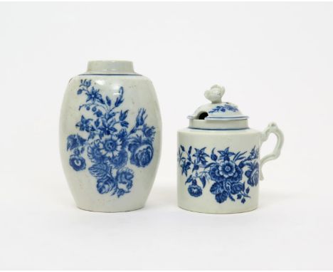 A Worcester blue and white mustard or preserve pot and cover  c.1770, and a Caughley tea canister, both printed with versions
