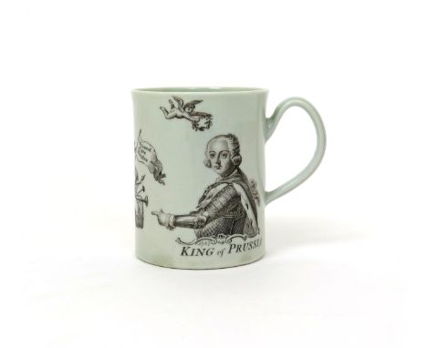 A good Worcester King of Prussia mug  dated 1757, printed black with a titled portrait of Frederick II of Prussia pointing to