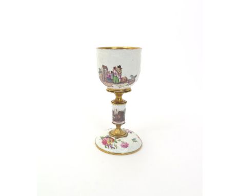 A Meissen composite cup on stand  18th and 19th centuries, comprising a Meissen moulded coffee cup painted with peasant coupl