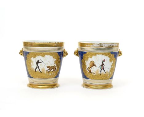 A pair of Continental porcelain cβchepots and stands  19th century, the large flared forms painted with scenes of native figu