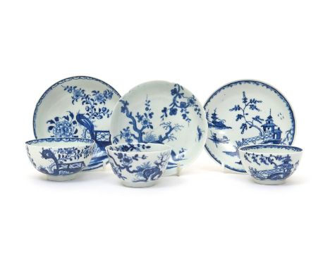 Three English porcelain blue and white teabowls and saucers c.1755-65, one Worcester of six-lobed form and painted with the P
