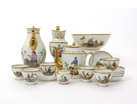 A Paris porcelain tea and coffee service  late 19th century, painted with bucolic scenes of figures at various pursuits in ru