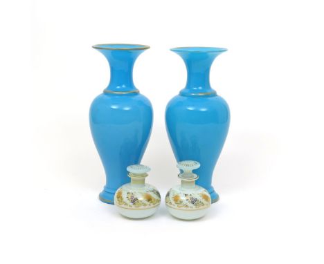 A large pair of opaque glass vases  19th century, of baluster form, the glass a bright turquoise colour with gilt banding to 