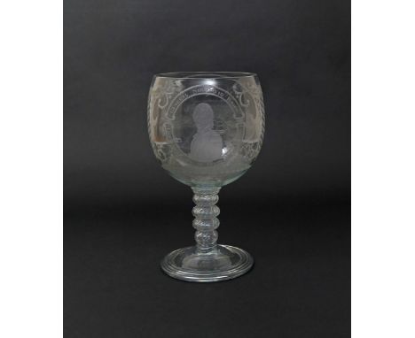 A massive commemorative glass goblet  19th century, the rounded bowl engraved with a titled portrait of General Sir David Bai