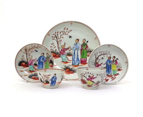 A New Hall teabowl and saucer with matching saucer dish  c.1790, decorated in pattern 421 of Chinese figures in a garden, a b