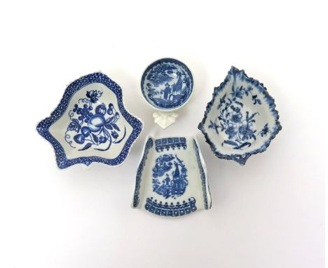 Two English porcelain blue and white pickle leaf dishes  c.1770-80, one Derby and painted with flowering branches, the other 