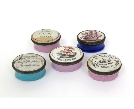 Five English enamel patch boxes for a sailor's lass  late 18th/early 19th century, one painted in manganese with a three mast