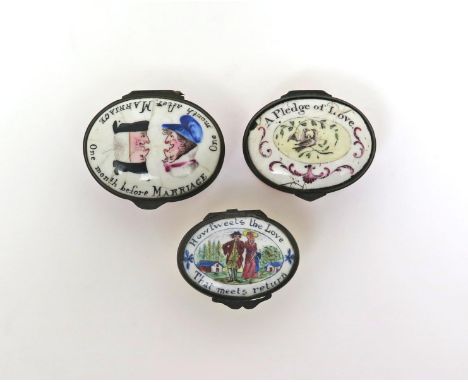 Three English enamel patch boxes  c.1800, one painted with an optical illusion portrait of a couple titled 'One Month Before 