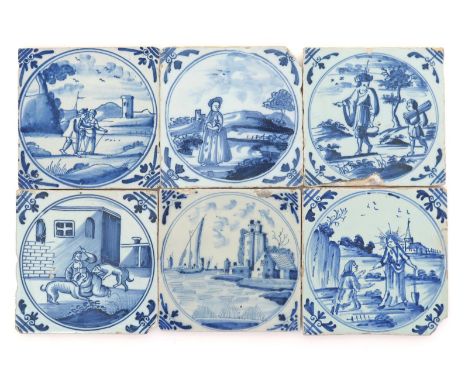 Six English delftware tiles  mid 18th century, probably Lambeth, three Biblical and depicting the Death of Jezebel, Abraham a